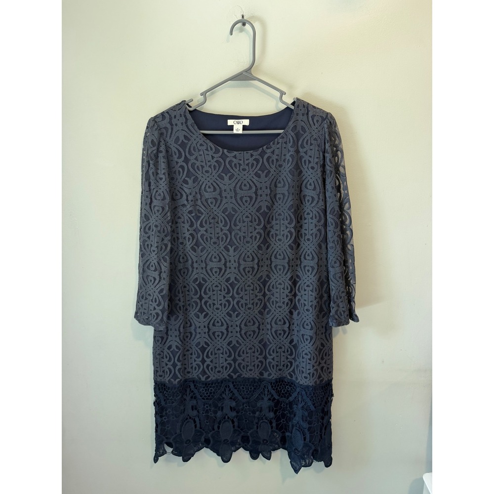Cato Navy Blue Lace Shift Dress 3/4 Sleeve Scalloped Hem Womens 12